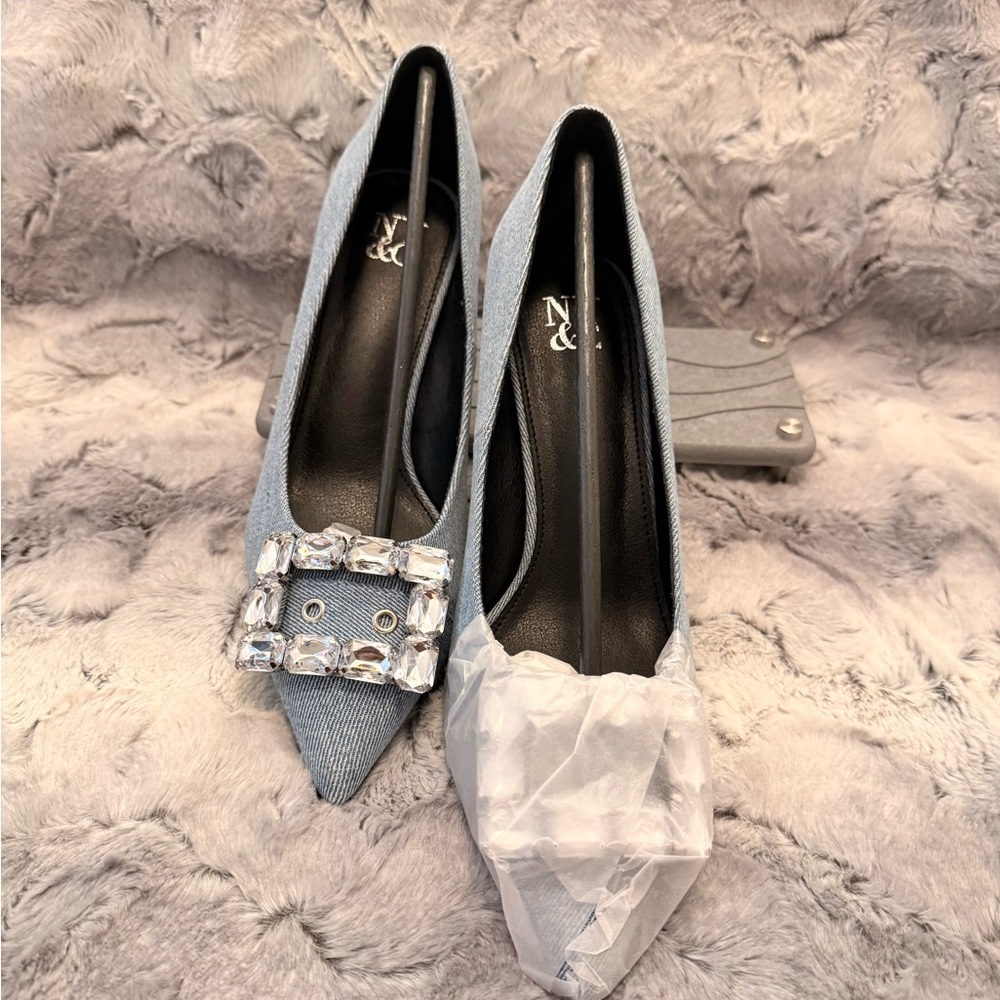 Elegant Blue Denim NY and Company Women's High Heels with Crystal Embellishment